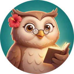 読書眼鏡をかけ、ハイビスカスを飾ったフクロウ