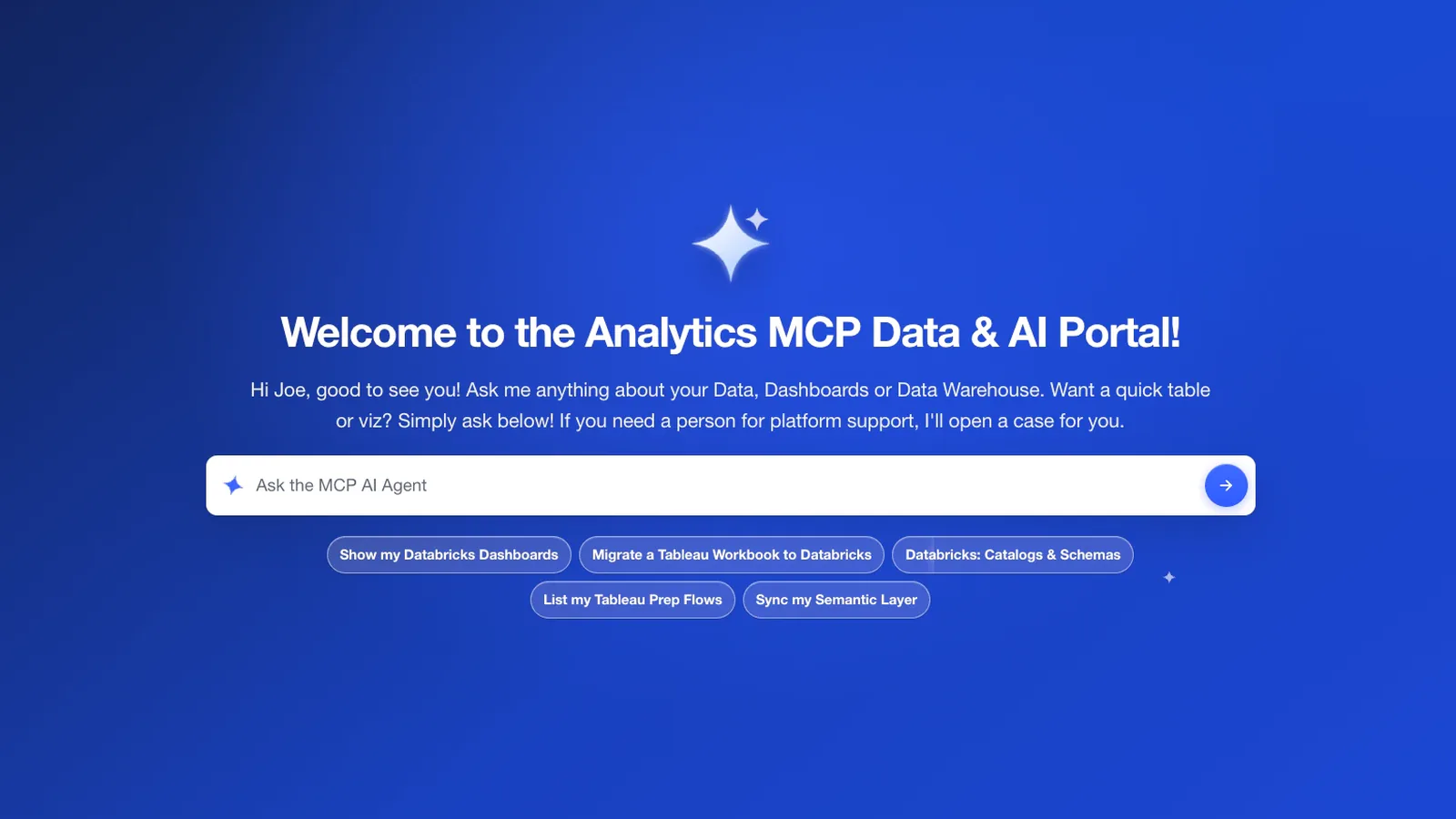 The Boreon Analytics MCP Data & AI Portal home: one field to ask the MCP AI agent about your data, dashboards or data warehouse, with presets to show your Databricks dashboards, migrate a Tableau workbook to Databricks, browse Databricks catalogs and schemas, list your Tableau Prep flows and sync your semantic layer.