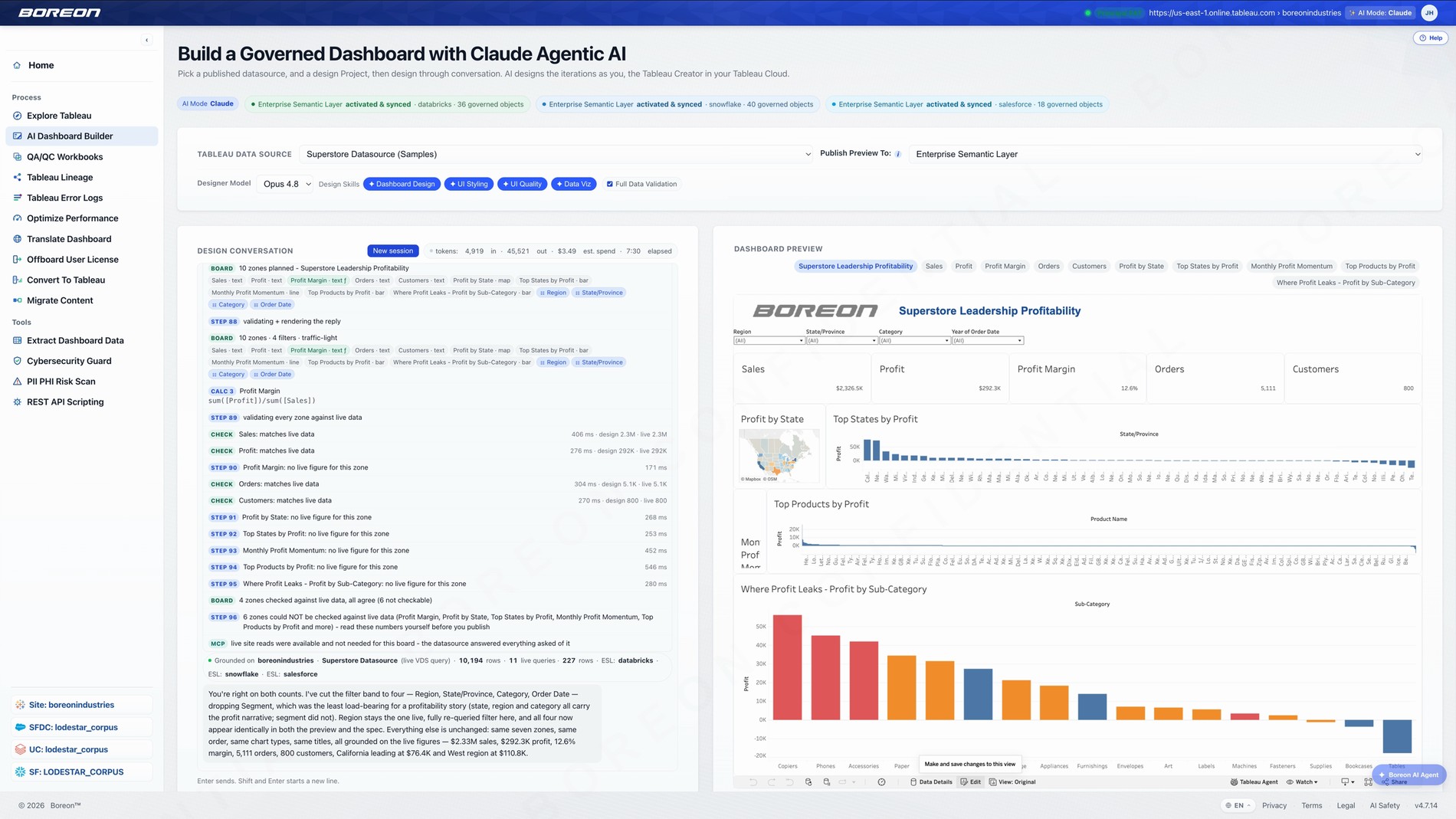 L'app Boreon Build su boreon.ai: una conversazione di progettazione con Claude Agentic AI accanto all'anteprima live della dashboard Tableau prodotta