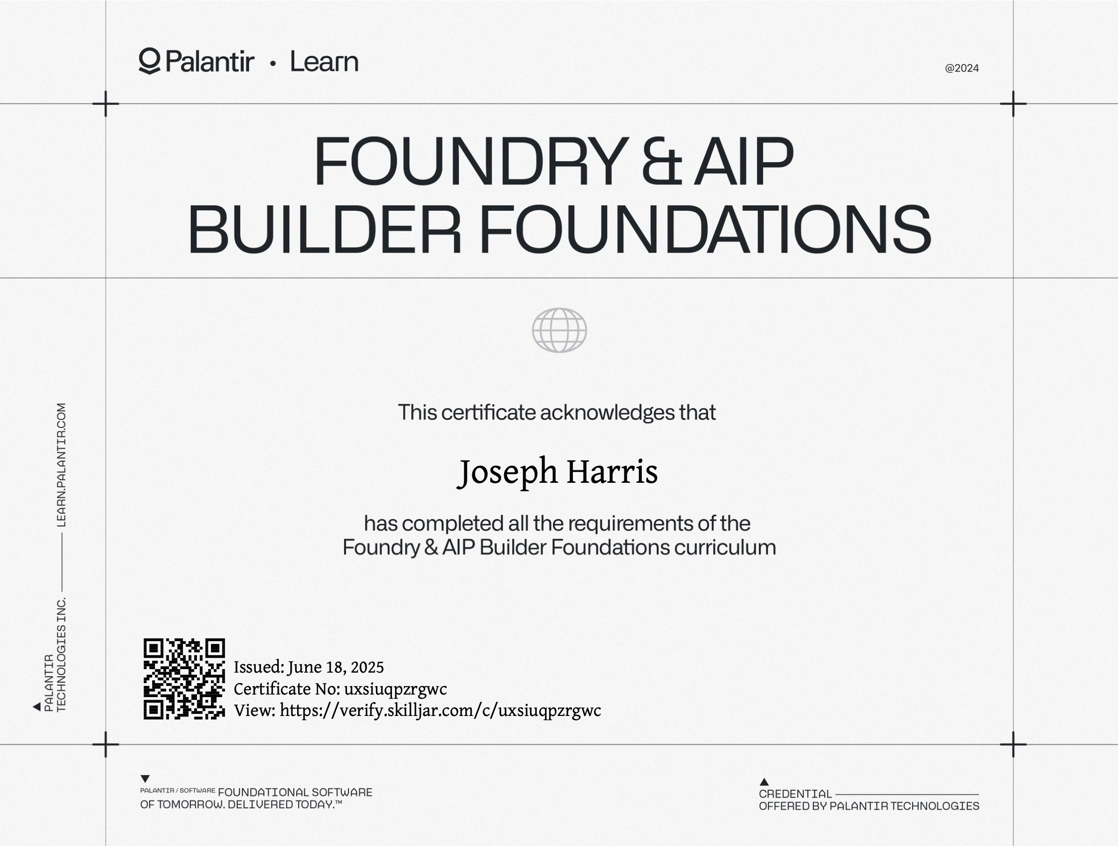 Palantir Foundry and AIP Builder Foundations certificate — Joseph Harris
